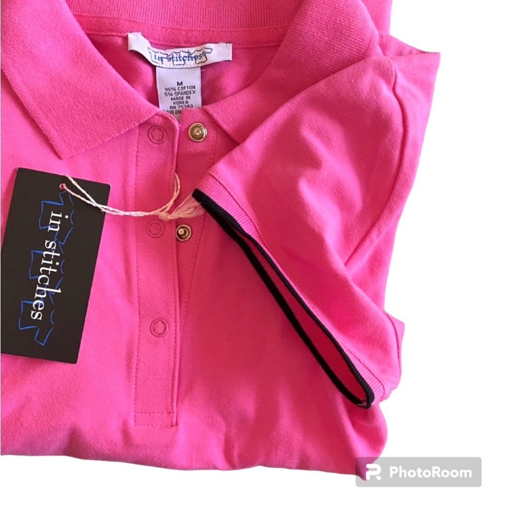 NWT 90s Polo Shirt Pink w black trim Short Sleeve top snaps pop collar Barbie - Picture 1 of 9